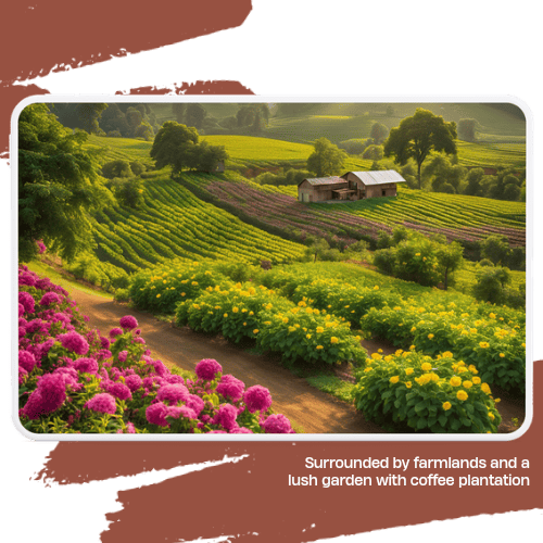 Surrounded by farmlands and a lush garden with coffee plantation